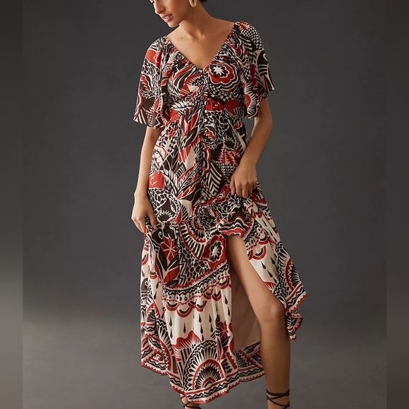 Anthropologie Tired Geometric Print Short Sleeve V Neck Maxi Dress Women's Sz LP - Picture 1 of 16